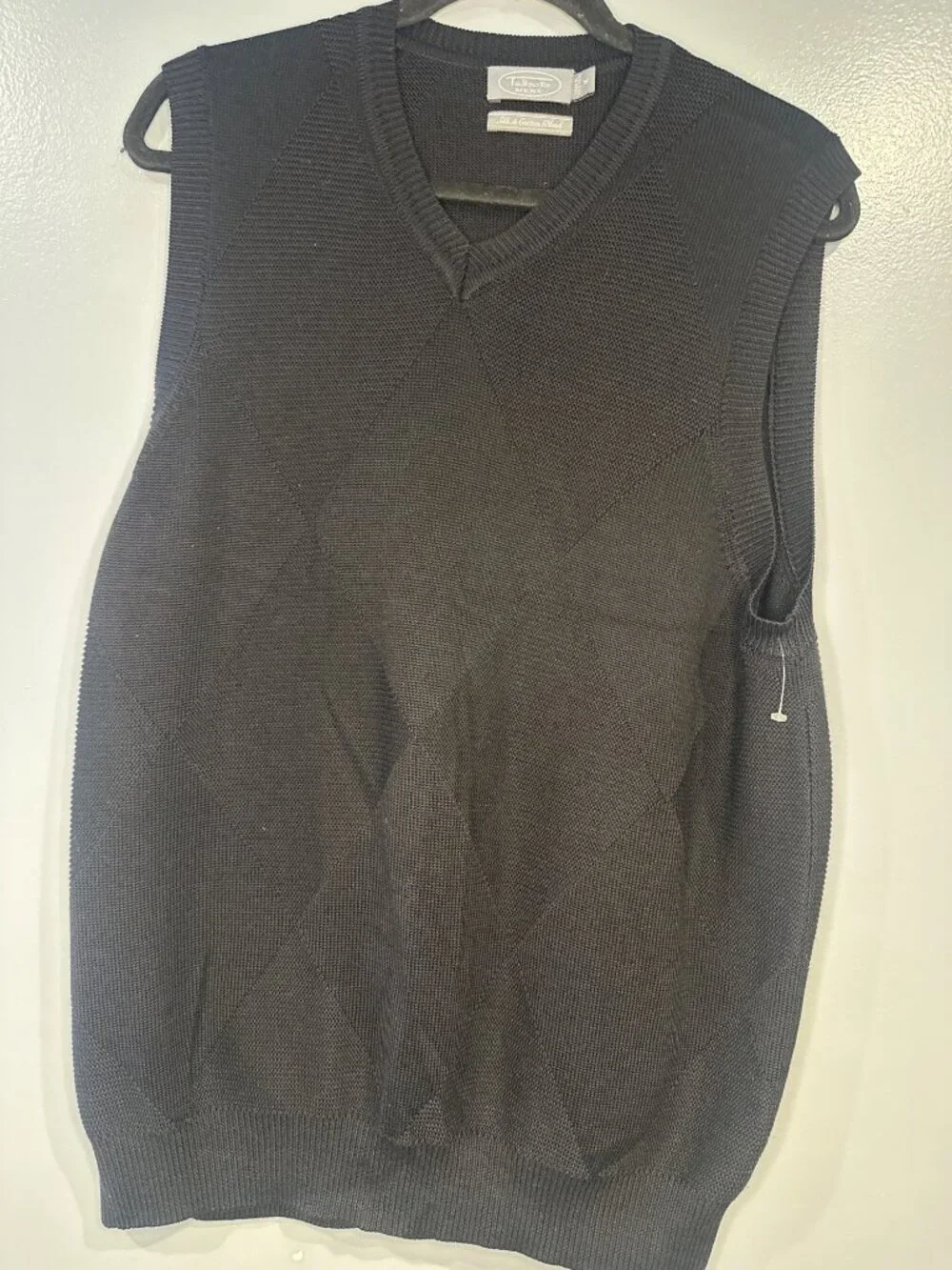 Talbots Mens M Silk Cotton Sweater Vest Black Argyle V Neck Preppy Academia
